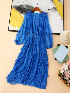 XMO | Silk Luxurious Waist-cinching Retro Blue Embroidered Dress Long