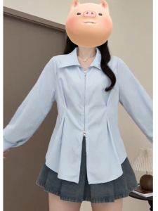 plus Size Womens Blue Long Sleeve Shirt Stylish Beautiful Waist-Cinching Belly Covering Top for Autumn Commute Korean Style