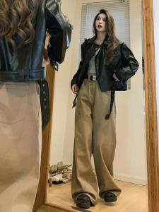 กางเกงยีนส์ขากว้างสไตล์อเมริกันย้อนยุคสำหรับผู้หญิงไซส์ใหญ่ กางเกงขายาวทรงตรงสีกรมท่า กางเกงยีนส์ทรงสลิมฟิต