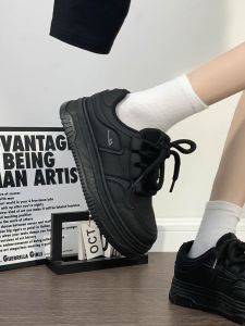 Black Thick Bottom Casual Shoes Womens Lightweight All-Match Autumn Winter New Style Small Black Shoes Casual Board Shoes
