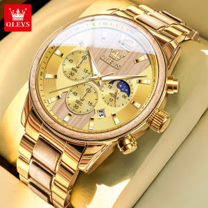 OLEVS นาฬิกาสำหรับผู้ชายกันน้ำสแตนเลสสายเหล็กแท้โครโนกราฟเรืองแสงไม้แท้นาฬิกาแฟชั่นลำลอง