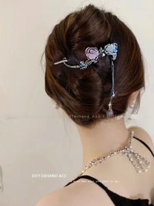 2024 New Ultra-Fairy Rose Tassel Hair Clip Vintage Diamond Twist Hairpin Womens Back of Head Updo Hair Clip Accessory