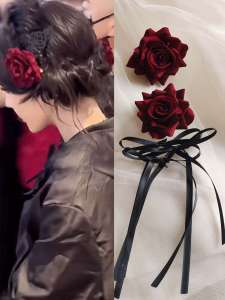 Dilraba Dark Night Red Rose Flower Hairpin Braided Hair Headdress Gothic Wind Black Ribbon Bows Hair Accessories