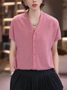 QINGNAER | Gentle Soft Pink V-neck Buttoned Short Sleeve Casual Shirt