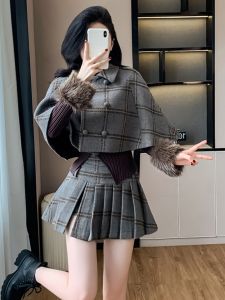 High-End Elegant Plaid Cloak And Pleated Skirt Set Womens Autumn Winter New Style Fashion Ensemble Small Size Friendly