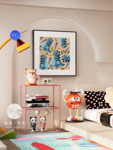 Childrens Room Decorative Artwork Blue Cartoon Animal Dinosaur Square Painting Bedroom Wall Hanging Metal Framed Modern Style