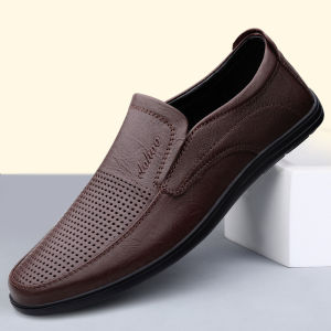 Casual Leather Shoes Soft Leather Genuine Cowhide Slip-On Mens Breathable Hollow out Flat Heel round Toe Rubber Outsole