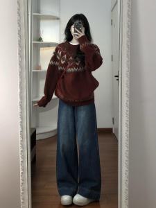 American Retro High Waist Wide Leg Jeans Womens Loose Slimming Draping Straight Floor-Length Pants Casual Style Denim