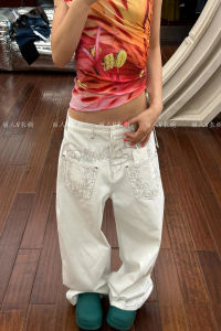 กางเกงยีนส์ทรงหลวมเอวสูงสำหรับผู้หญิง ทรงหลวม ทรงยาว ลายปัก กระเป๋า ทรงเข็มขัด ทรงเข้ารูป กางเกงยีนส์ทรงเข้ารูปสไตล์อเมริกัน