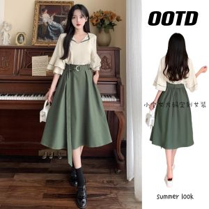 Plus Size Womens Fashion Slimming Half Dress Set Summer Midi Dress with Lotus Leaf Sleeves High Waist Pullover Shirt Skirt Two-Piece Set