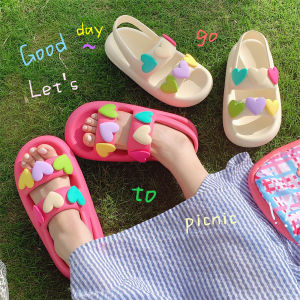 Summer Vacation Themed Colorful Heart Womens Sandals Soft Thick EVA Beach Slippers Thin Strap Fashionable Korean Style Flat Heels