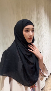 Womens pleated silk scarf with shimmering rhinestone accents – a stylish and fresh Muslim hijab.