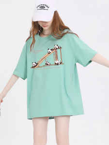 Áo Phông Màu Xanh Lá Cây Áo In Hoa Gấu Trúc Cộc Tay Cho Nữ Áo Phông 2023 Cotton Thương Hiệu Sành Điệu Vai Ngay Ngắn Mẫu Mới Mùa Hè