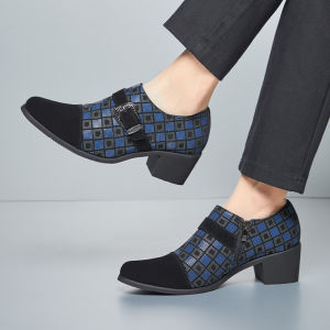 6cm High Heel Fashionable Cuban Style Mens Shoes with Square Pattern Design Personality Pointed Toe Increased Height Leather Shoes