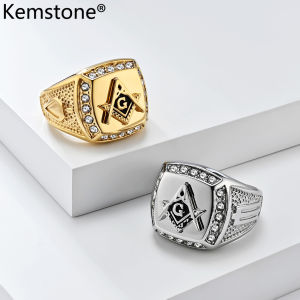 Kemstone Masonic Stainless Steel Ring Mens Zircon Gold Plated Square Rings Jewelry