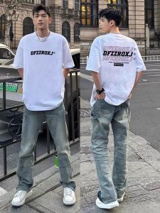 เสื้อยืดแขนสั้นผ้าฝ้ายแท้ ทรงหลวม สำหรับผู้ชาย ฤดูร้อน 2025 ทรงหลวม สไตล์อเมริกัน ฮิปฮอป ลายตัวอักษร สีขาว เสื้อตัวบน