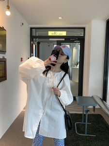 Sinbounboun Womens Long Sleeve Shirt round Neck Bubble Sleeve Mid-Length Loose Fit White Shirt Versatile Pure Color Spring 2023