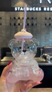 Starbucks | Ly Thủy Tinh Starbucks 660ml Hình Gấu Kèm Nắp Bánh Phủ Kim Tuyến Hồng Và Ống Hút Sọc Nhẹ Bền Thân Thiện Với Môi Trường Dùng Cho Tiệc Tại Nhà