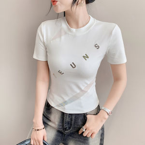 Yige 2025 mùa hè mới Châu Âu và Thời Trang Mỹ ghép lưới thư cổ tròn áo phông ngắn màu đen đa năng phiên bản Hàn Quốc hàng đầu