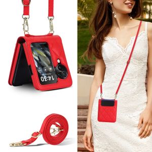 Lozenge Grid Leather Wallet Flip Zipper Credit Card Holder Case For Samsung Galaxy Z Flip5 Z Flip4 Z Flip3 Case Oppo Find N3 Flip Huawei P50 Pocket vivo X Flip Moto Razr 40 ultra Crossbody Strap Lanyard Wristband Detachable Shoulder Protective Cover