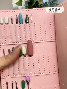 Manicure Nail 37 Slot Holder Nail Drill Bits Storage Leather Bag Kit 美甲打磨头收纳包37孔卡扣式死皮剪钢推多功能皮质便携整理工具包