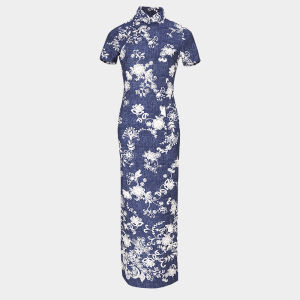 MY TENO | New Chinese Style Blue Floral Print Dress Waist Cinched Slimming Summer Elegant Short Sleeve Qipao Skirt For Women