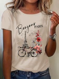 Bonjour Paris Womens Tee - Eiffel Tower & Bicycle Graphic French Chic Floral Print for Casual Daily Wear