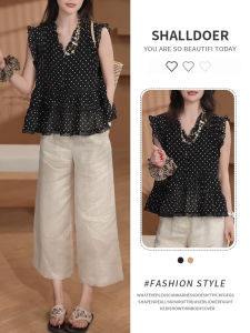 Shalldoer | Áo sơ mi voan không tay cổ chữ V họa tiết chấm bi mỏng thanh lịch cho nữ mùa hè mới về dáng rộng thoải mái thường ngày