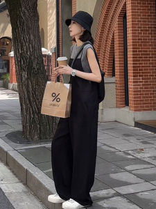 Black Casual Overalls Women Summer Lazy Style Slimming Versatile T-shirt Loose One-piece Wide-leg Pants Two-piece Set Trendy