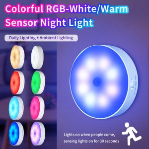 Colorful LED Night Light Motion Sensor Lights Wireless Magnetic Round Night Lamp Kitchen Cabinet Bedroom Atmosphere Decor