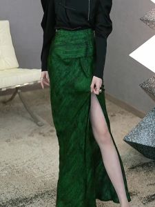 Green New Chinese Style High Waist A-Line Skirt Womens Fashion Split Design Versatile Midi Skirt Commute Korean Style