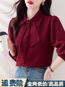 Elegant Long Sleeve Flocking Shirt for Women Polo Collar Commute Friendly Age Defying Wine Red Top Versatile Business Casual
