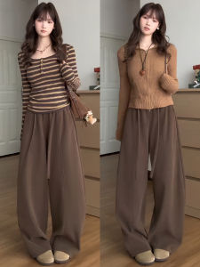 Caramel Sporty High Waist Fleece Lined Wide Leg Pants Womens Autumn Winter New Style Banana Shape Loose Slimming Trousers