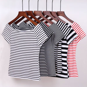 Black White Striped Womens Short Sleeve T-Shirt One Shoulder High Waist Top Korean Style Slim Fit Cotton Blend Summer Shirt