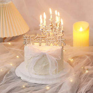 Happy New Year Cake Decoration Retro European Candlestick Pearl 2023 Fairy Bow Candle Plug-in Decoration