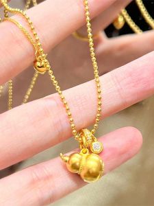 24K Gold Small Gourd Pendant Necklace Womens New Chinese Style Ethnic Light Luxury Fat Fu Lu Clavicle Chain Titanium Steel