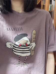 Cute Bread Chicken Cartoon Print Loose Cotton T-Shirt Street Style Sport Casual Straight Tube Summer Short Sleeve round Neck
