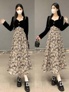 French Vintage Floral Dress Womens Autumn Winter New Large Size Beautiful Waist Shaping Design Sense Base Layer Dress