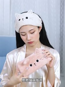 ผ้าคาดผมฟลีชลายแมวน่ารัก พร้อมหูและโบว์ สำหรับการทำผมและแต่งหน้า พร้อมส่งในไทย