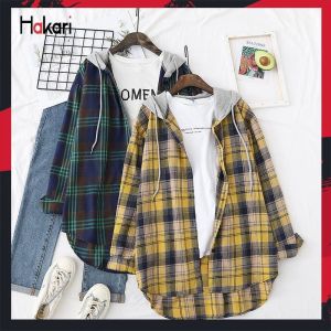 Hakari เสื้อเชิ้ตลายสก๊อต 2023 สไตล์ใหม่ สีดำ เสื้อเชิ้ตมีฮู้ดแขนยาว เสื้อเชิ้ตลำลอง ถูกชิ้น