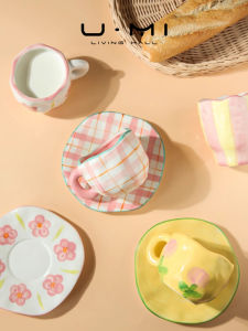 Cute Style Ceramic Coffee Cup And Plate Set High Aesthetic Value Living Room Home Use U Mi LIVING Milk Flower Pink Girl Heart