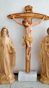 Bộ 3 tượng Đức Mẹ Ban Ơn Thánh Giuse 60cm Thánh Giá Chúa chịu nạn 80cm chất liệu nhựa composite màu nâu giống gỗ