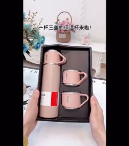 STV Termos Set Dengan 3pcs Gelas Stainless Vacum Bottle 500ml Set Gift Box Hampers