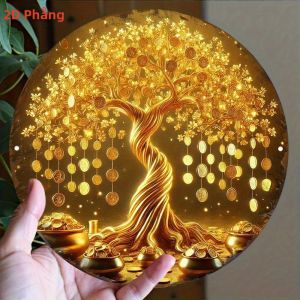 Potdemiel | Biển Kim Loại Cây Tài Lộc 2D - Cây Tiền Vàng Biểu Tượng Phong Thủy Tài Lộc Trang Trí Tròn Bằng Nhôm Dùng Trong Nhà/ngoài Trời
