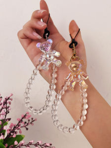 Fashionable Short Bear Lanyard Crystal Beads Phone Strap Womens Style USB Flash Drive Keychain Handbag Accessory Trendy Brand
