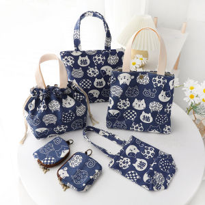 สไตล์ญี่ปุ่นสีฟ้าพิมพ์แมวผ้าใบกระเป๋าถือไหล่กระเป๋าผู้หญิงสบายๆสถานการณ์เยาวชนที่ใช้งานได้
