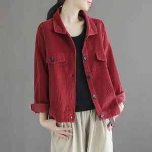 Good Goods No Pilling Corduroy Short Coat for Women Spring & Fall Solid Color Polo Collar New Loose Small Casual Corduroy Tops