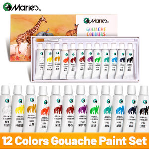 Maries 12 Colors Gouache Paint Set & 1pc Paintbrush for Canvas PaintingWatercolorDIY5ml Each Tubesfor HobbyistAdults
