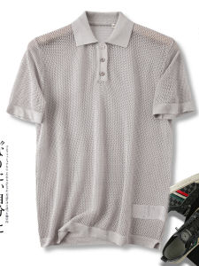 เสื้อโปโลแขนสั้นถักลูกไม้ชายผ้าลินินผสมโพลีเอสเตอร์ ทรงหลวม ฤดูร้อน 2024 เสื้อโปโลคอตตอนลายดอกไม้สำหรับผู้ชาย