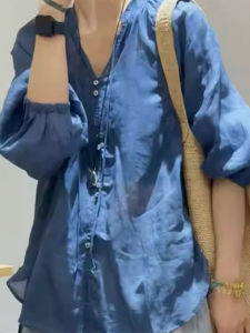 Shalldoer | Áo sơ mi chống nắng tay bồng màu xanh lam thời trang cao cấp dành cho nữ mùa hè 2025 phong cách Hàn Quốc thanh lịch giản dị